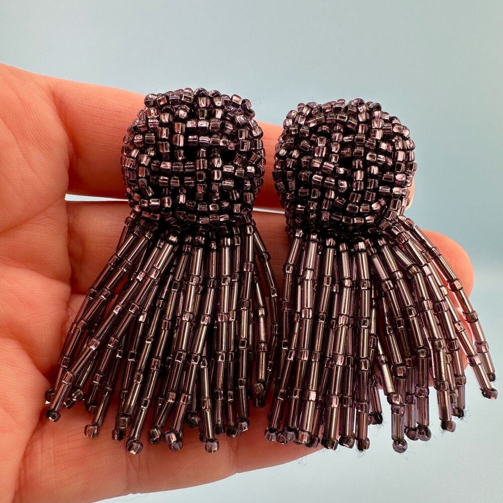 Vintage Purple Seed Bead Tassel Earrings Iridescent Clip On Dangle Hand Sewn - Picture 3 of 11